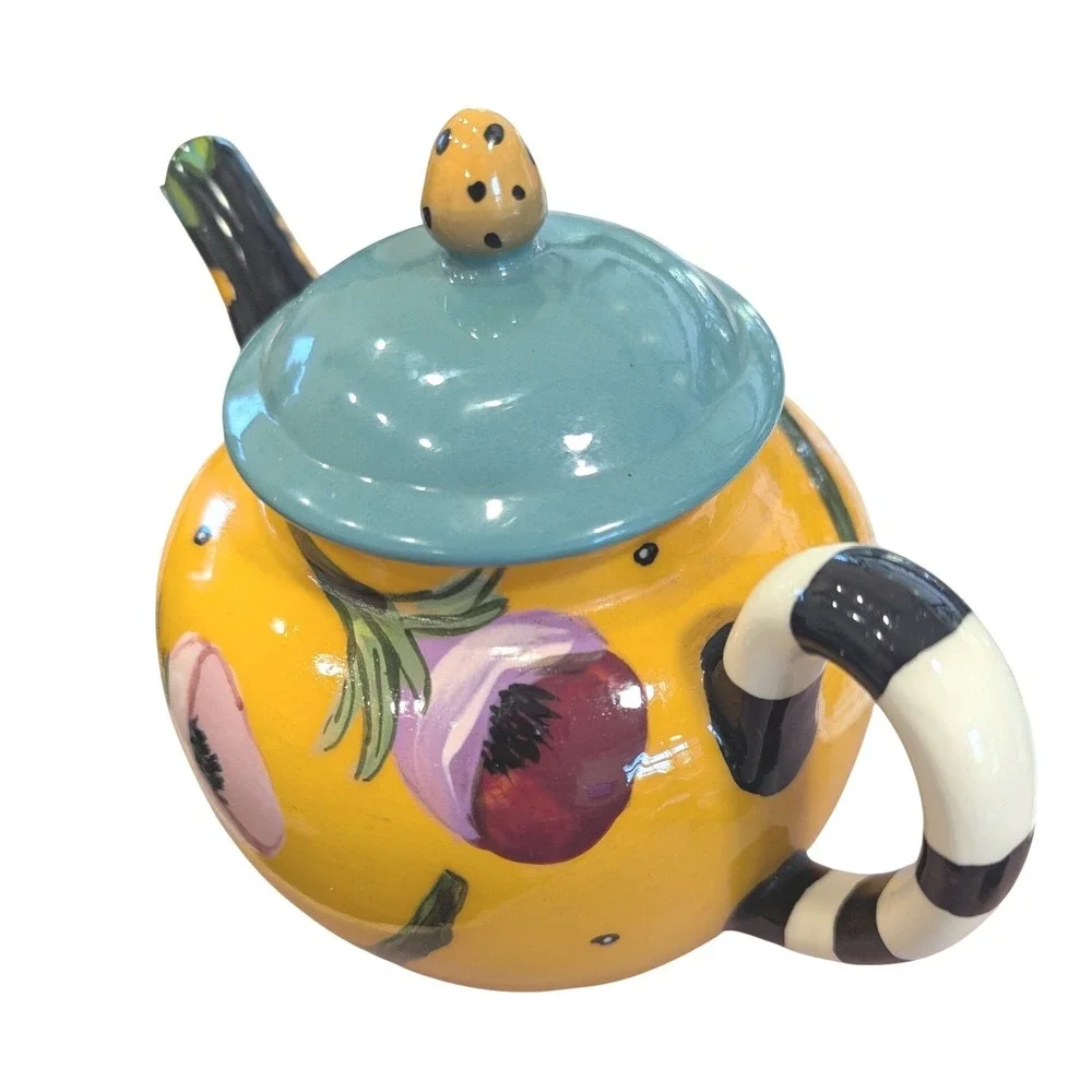 Droll Designs Hand Painted Floral Ceramic Teapot Yellow Striped Handle Whimsical